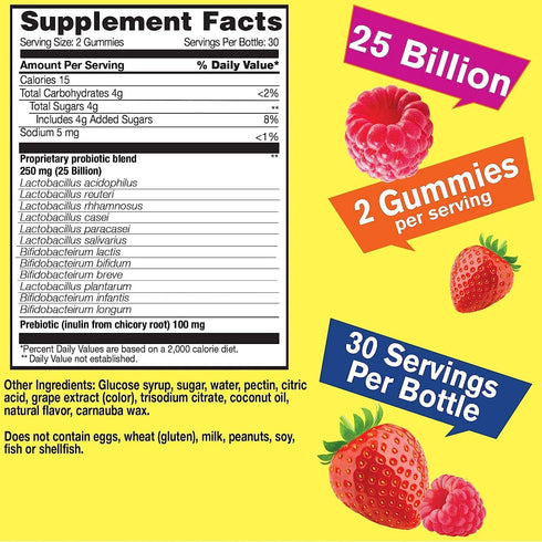 25 Billion Probiotics + Prebiotics Gummies - 12 Strains - Digestive Support, Gut Health, Immune Support Gummy - for Men and Women - Probiotics for...