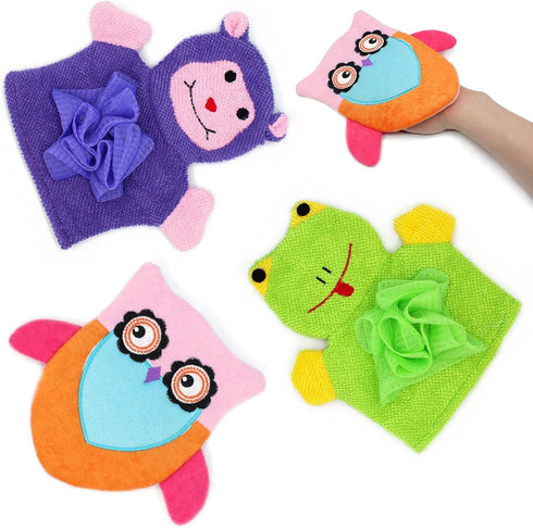 Bath Sponge Loofah for Kids Toddler Shower Kit, 3pcs Cartoon Animal Shapes, Stay Clean Bath Towel, Bathroom Kitchen Cleaning Sponges for Dishwashi...