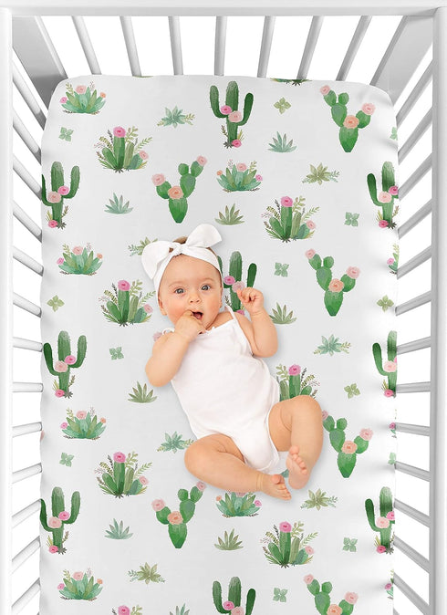 Pink Green Boho Watercolor Baby or Toddler Fitted Crib Sheet for Cactus Floral Collection by Sweet Jojo Designs...