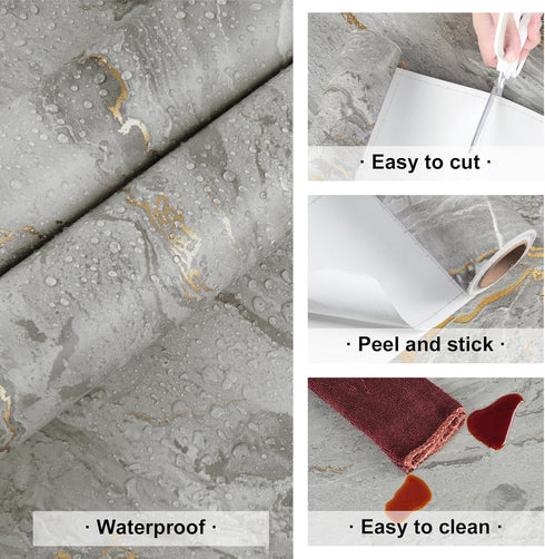 Grey Gold Marble Wallpaper Peel and Stick Contact Paper Waterproof Self Adhesive for Kitchen Bathroom Countertops Gray Marble Contact Paper for Ca...
