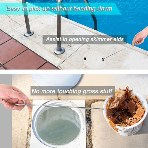 Swimming Pool Skimmer Basket Hook - Stainless Steel Skimmer Basket & Lid Removal Handle Tool with Pool Test Strip Clips for Debris Removal, Easily...