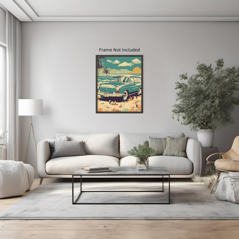 Posterizer 1 pcs-vintage retro cars on the beach poster 1-Retro Art-Landscape & Nature Art- Gift for Nature, Surfers and Beach Lovers- unframed wa...