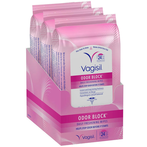 Vagisil Odor Block Daily Freshening Wipes for Feminine Hygiene in Resealable Pouch, Gynecologist Tested & Hypoallergenic, 20 Wipes (Pack of 3)...