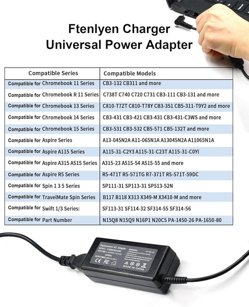 Laptop Charger Compatible with Acer Aspire 3 5 Series A315 A515 A315-24P A315-24PT A315-59 A515-46 A515-45 A515-54 N20C5 N15Q9 A315-24P-R7VH AG15-...