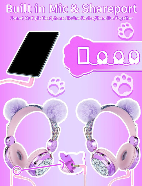Kids Pom Headphones with Mic for Travel/Car/Plane,Added 85DB Limit Function&Shareport,Unicorns Gifts for Girls,On/Over Ear HD Stereo Wired Headset...