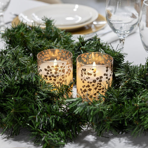 LumaBase Battery Operated LED Glass Candles with Flickering Flame, Gold Fern - Set of 2...