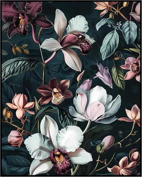 Posterizer 1 pcs-pink and white flowers with dark green background-Floral & Botanical Art-Abstract & Modern Art-Decor for Home & Office- UNFRAMED ...