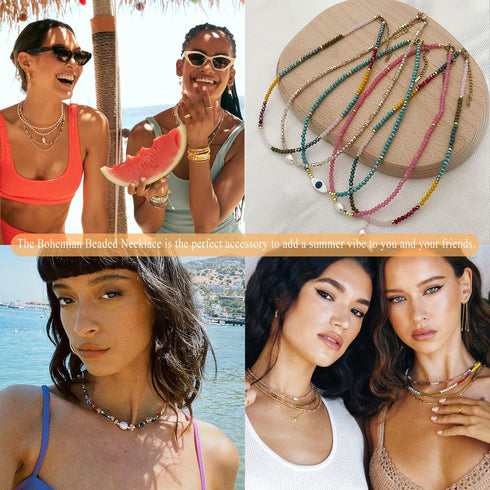 Colorful Beaded Necklaces for Women Crystal Bead Necklace Beach Necklaces Boho Necklaces for Women Pearl Beaded Choker Necklace Stainless Steel 18...