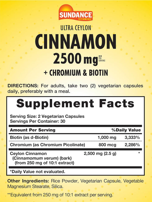 Ceylon Cinnamon Capsules 2500mg | 60 Pills | With Chromium and Biotin | Vegetarian, Non-GMO, and Gluten Free Supplement | By Sundance...