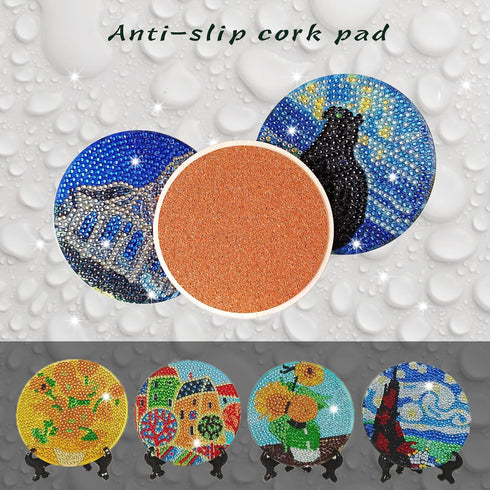 LINGFANG 8 Pcs Diamond Painting Coasters Kits, Van Gogh Sunflowers DIY Diamond Art with Holder & Cork Pad Non Slip Coaster for Beginners, Diamond ...