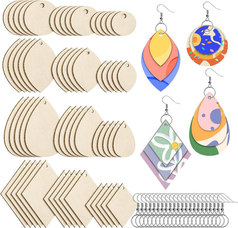 wexpw 320 Pieces Unfinished Wooden Earrings Blank Wood for Earring Pieces 4 Shapes for Wooden Earring with 100pcs Earring Hooks &100pcs Jump Rings...