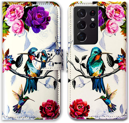 Case for Galaxy S21 Ultra 5G, Hummingbird in Flowers Bird Leather Flip Phone Case Wallet Cover with Card Slot Holder Kickstand for Samsung Galaxy ...