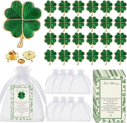 72 Pcs St. Patrick's Day Clover Lapel Pins Include Four Leaf Clover Lapel Pin Brooches with Blessing Cards and Organza Gift Bags Irish Four Leaf C...
