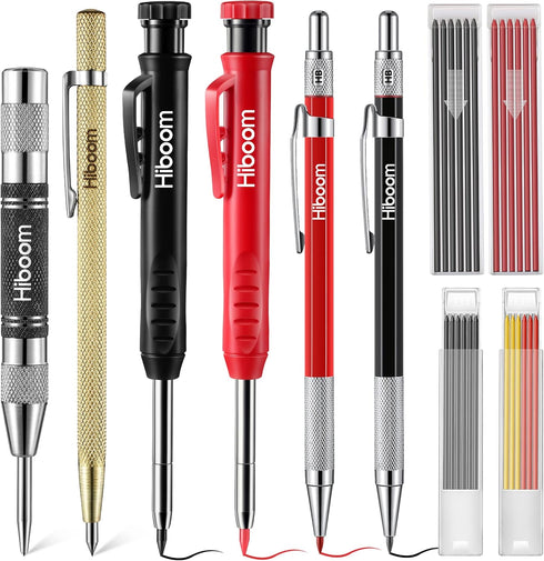 Hiboom 10 Pack Carpenter Pencil Set, 4 Colorful Solid Carpenter Pencils with Sharpener and Refills, Automatic Center Punch, Carbide Scribe Tool Ki...