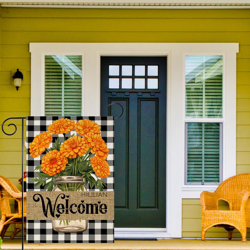 Marigolds Garden Flag for Outside Buffalo Plaid Check Welcome Flags Small 12x18 Inch Double Sided Yard Flag for Spring Summer Winter Home House Ou...