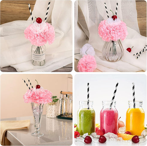 WILLBOND 6 Sets Pink Carnations Artificial Flowers, 50's Theme Party Decorations Include White Pink Carnation Lifelike Cherries and Paper Straws f...