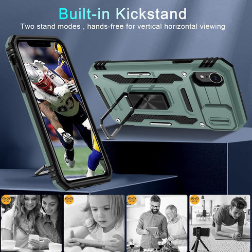DEERLAMN for iPhone XR Case with Slide Camera Cover+Screen Protector (1 Pack),Rotated Ring Kickstand Military Grade Shockproof Protective Cover 6....