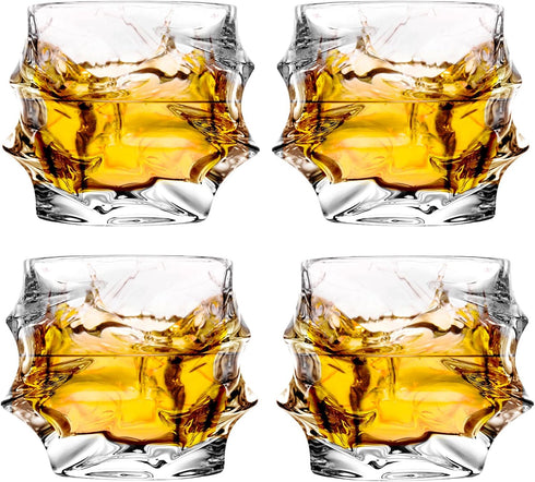12 oz Hand Blown Crystal Whiskey Glasses Set of 4, Unique Cognac Glass, Heavy Thick Bottom Bar Glass for Scotch Bourbon Rum Gin Water Cocktail,Gif...