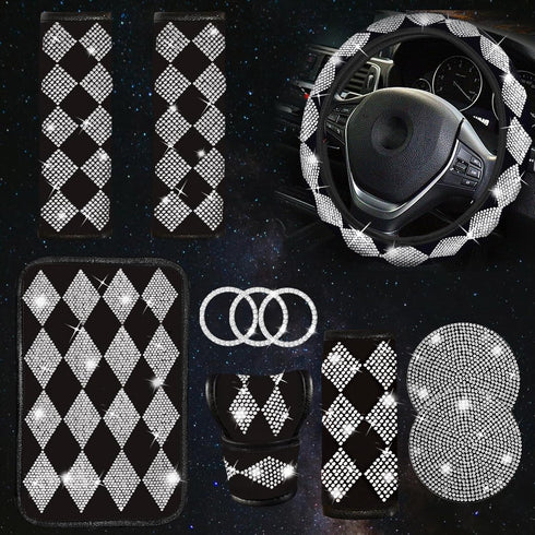 11 Pcs Bling Car Accessories Set for Women,Bling Steering Wheel Cover Universal Fit 15 Inch,Rhinestone Center Console Cover,Sparkling Seat Belt Sh...