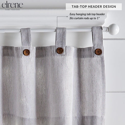 Elrene Home Fashions Tucker Ticking Stripe Tier Window Curtains for Kitchen or Bathroom, 30" x 36", Set of 2, Gray...