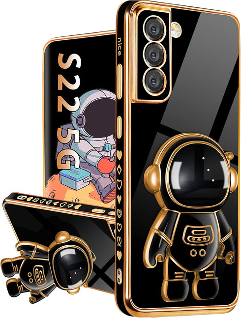 for Samsung Galaxy S22 Case, Love Heart Pattern 6D Gold Plating Cute Cartoon Astronaut Hidden Stand Cases for Galaxy S22 6.1 Inch Black...
