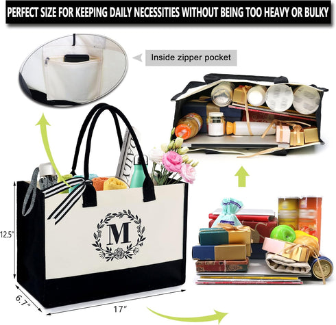 BeeGreen Monogram Initial Canvas Bag with Inner Zipper Pocket Embroidery Personalized Tote for Mom Teacher Friend...
