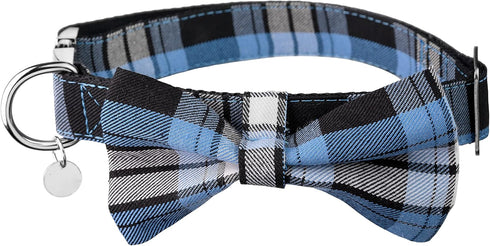 Dashin' Dogz Large Blue Bowtie Dog Collar with Detachable Bow Tie for Girl or Boy Dogs Comfortable Plaid Pattern, Fully Adjustable, Great Pet Gift...