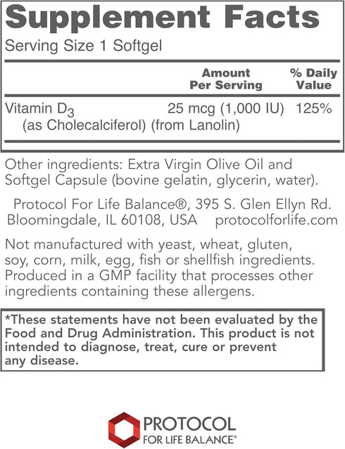Protocol Vitamin D3 1,000 IU - Bone & Teeth Support* - Dietary Supplement for Immunity & Bone Mineralization* - Non-GMO, Halal, Keto-Friendly - 12...