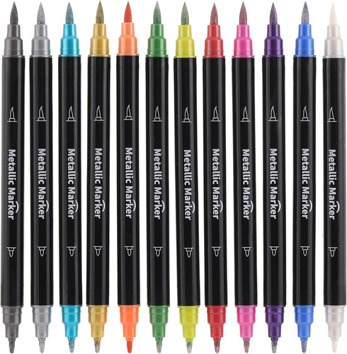 Metallic Marker Pens - Dual Tip Brush and Fine Point Pens for DIY Album, Black Cards, Rock Painting, Card Making, Scrapbooking, Fabric, Metal, Cer...