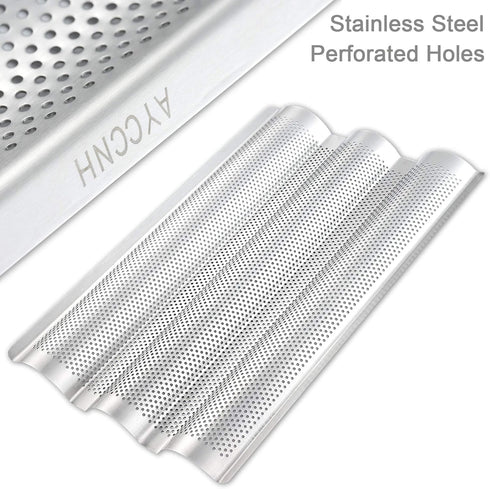 Stainless Steel French Baguette Bread Pan, Perforated Loaf Pans for Baking 15"x10", 3 Waves Toaster Oven Baking Tray (1 Pack)...