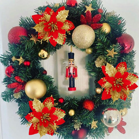 Sawowkuya 15 Pcs Red Gold Poinsettia Artificial Flowers Glitter Artificial Christmas Flowers Decorations with Clips for Xmas Tree Ornaments Weddin...