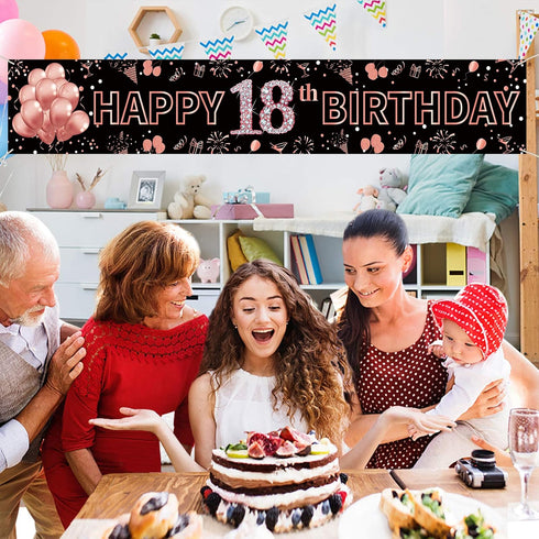 Pimvimcim 18th Birthday Decorations for Girls, Happy 18th Birthday Banner Rose Gold and Black 18 Year Old Birthday Decorations Party Supplies (9.8...