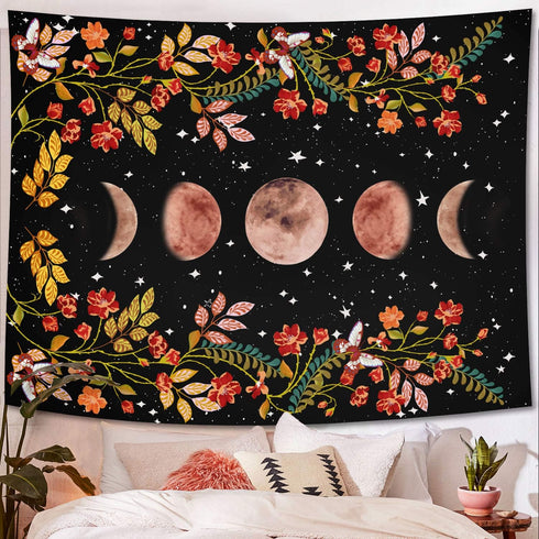 Lifeel Moonlit Garden Tapestry, Moon Phase Surrounded by Vines and Flowers Black Wall Decor Tapestry 60×80 inches...
