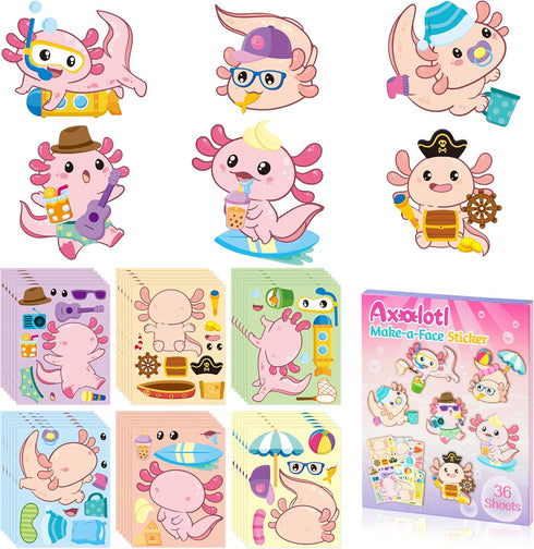 Axolotl Make a Face Sticker - 36Pcs Make Your Own Cute Axolotl Stickers Games, Pink Animal Mix and Match Art Craft Party Favor for Girls Boys Kids...