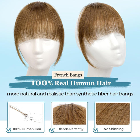 Bangs Hair Clip in Bangs,100% Real Human Hair Extensions French Bangs Clip on Curtain Flat Bangs Fringe with Temples Hairpieces for Women Light Br...