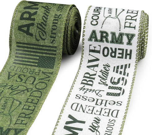 2 Rolls 4th of July Ribbon Rustic Patriotic Burlap Ribbon for Wreath Bow Making DIY Crafts United States Army Green Ribbon for 4th of July Party H...