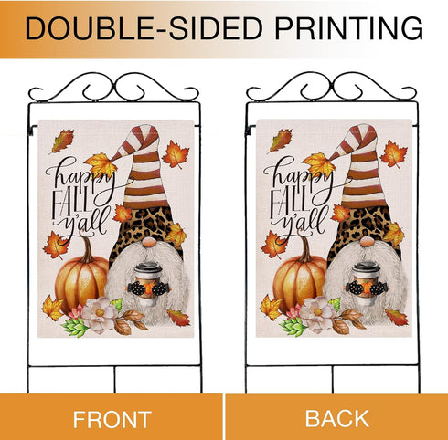 Happy Fall Y'all Coffee Gnome Pumpkin Large House Flag Double Sided, Autumn Maple Leaf Leopard Striped Decorative Garden Yard Outdoor Decor, Thank...