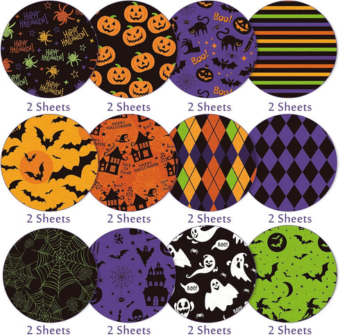 Whaline 24Pcs Halloween Pattern Paper 30x30cm Pumpkin Bat Spider Witch Ghost Scrapbook Paper Double-Sided Holiday Craft Paper Folded Flat for Card...