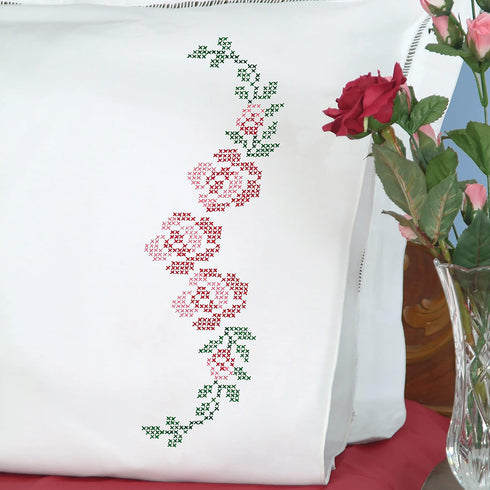 Jack Dempsey Needle Art Cross Stitch Rose Vine Embroidery Pillowcases, 20 inch x 30 inch, white...