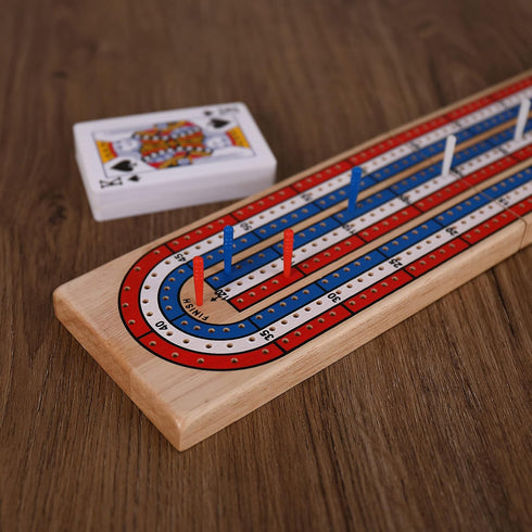 STERLING Games Folding Cribbage 3 Track Wooden Cribbage Board with Red White Blue Pegs for 3 Players...