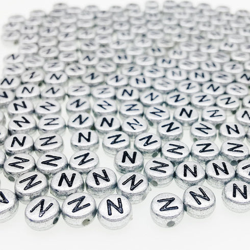 200Pcs Round Ancient Silver Letter N Beads,4x7mm Flat Letter-N Beads for Bracelets,Alphabet Beads for Jewelry Making DIY Necklaces Crafts Supply(S...