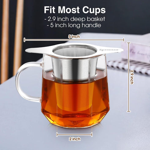 IPOW 2 Pack Extra Fine Mesh Coffee Filter with Coaster Lid and Double-sided Handle, Micron Mesh Tea Infuser for Loose Tea, Food-grade Stainless St...