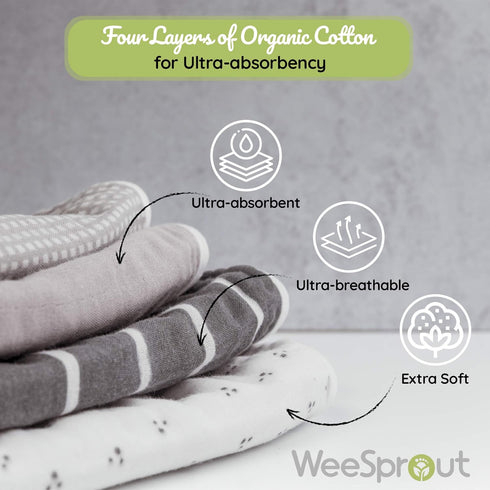 WeeSprout Unisex Organic Towel Cotton Burp Cloths, Set of 4, Four Ultra-Absorbent Layers Keep Clothes Dry, Button Transforms into Baby Bib, Machin...