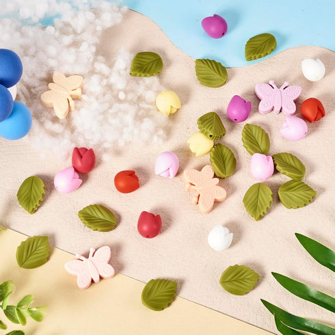 Craftdady 32Pcs Tulip Butterfly Leaf Silicone Focal Beads Spring Theme Flower Beads Keychain Making Kit with Nylon Cord for Crafts DIY Beadable Pe...