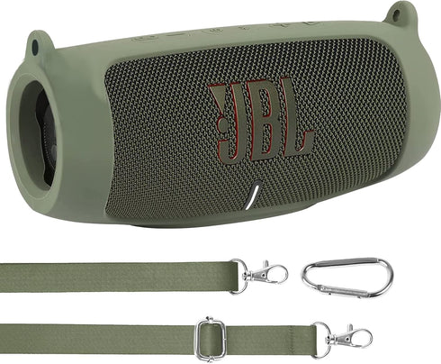 for JBL Charge 5 Waterproof Bluetooth Speaker Silicone Cover Case, Portable Silicone Travel Case with Carabiner, Protective Skin Case (Green Case)...