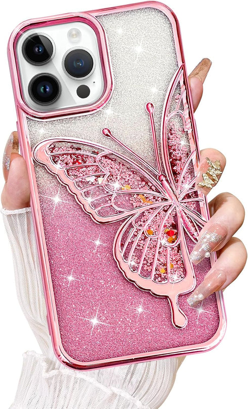 KANGHAR Compatible for iPhone 14 Pro Max Case 6.7 in, Clear Glitter Quicksand 3D Butterfly Bling Case for Women Girls Cute Gradient Sparkle Platin...
