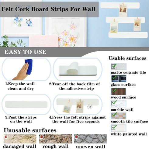 8Pcs Bulletin Board Strips, White Felt Pin Board Bar Strips with 50 Pushpins, Self-Adhesive Felt Cork Board Strips for Wall to Display Your Notes,...
