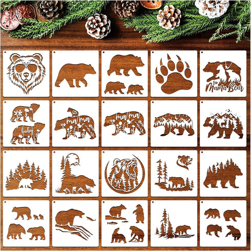 20 Pieces Stencil for Painting, Reusable Bear Mountain Tree Stencils Bear Paw Template Forest Animal Wildlife Wood Burning Stencils for Wood Wall ...