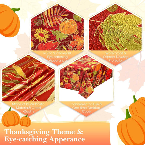Tegeme 1 Pcs Thanksgiving Fall Leaf Tablecloth Disposable Plastic Pumpkin Maple Leave Table Cover Waterproof Rectangle Plastic Tablecloth for Autu...