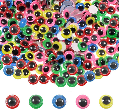 TOAOB 300pcs 12mm Googly Wiggle Eyes Self Adhesive Round Plastic Craft Sticker Eyes DIY Arts Scrapbooking Accessories Red Dark Green Blue Pink Yel...